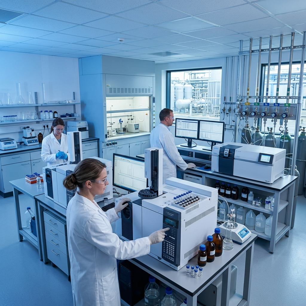 Quality control laboratory with testing equipment for gas purity analysis